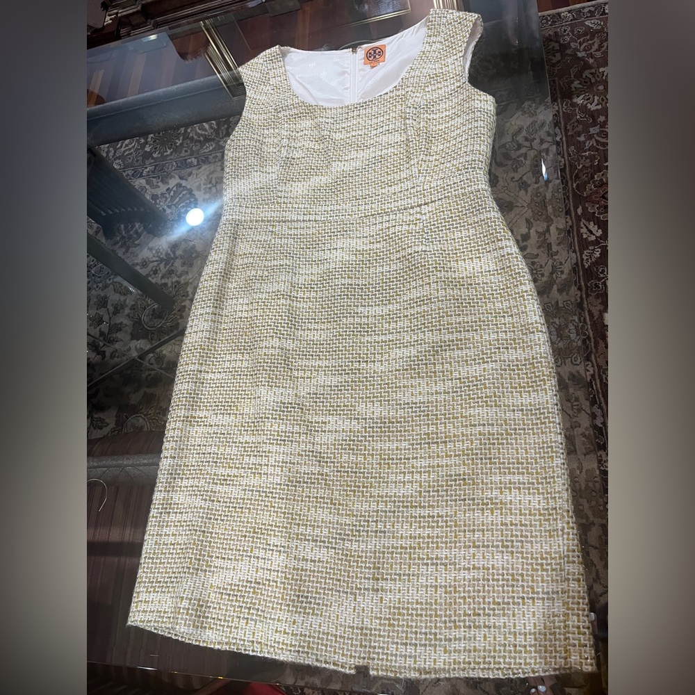 Tory Burch Emma Tweed Yellow Gold Sleeveless Sheath Dress